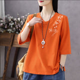 Temperament V-neck  summer new Korean version of seven-quarter sleeves simple and fashionable age-reducing loose and thin belly-covering bottoming shirt