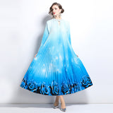 style high-end hollow bead round neck lantern sleeve strap waist temperament long printed pleated dress