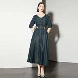 Retro denim dress women's heavy industry embroidery bubble sleeve design sense breasted slim long temperament dress skirt