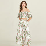 Real shot, sexy off-the-shoulder tencel cotton lotus leaf print lace medium-sleeved top + skirt two-piece set looks thin