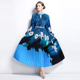 women's clothing niche elegant dress  new hollow bead round neck waist printing pleated long skirt
