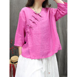 Spring and summer  literary printing diagonal placket button-up national style shirt commuting thin versatile seven-quarter sleeve pullover