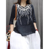 spring and summer literary and retro embroidered versatile pullover top loose large size casual medium sleeve thin shirt