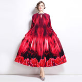 style high-end hollow bead round neck lantern sleeve strap waist temperament long printed pleated dress