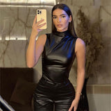 Sleeveless leather vest   women's clothing leather stand-up collar personalized waist irregular hem sleeveless top