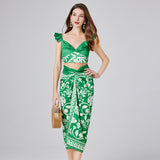 Real shot, summer beach wind contrasting color printed suspender top + strap beach skirt, two-piece fashionable set