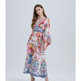 Real shot, sexy in summer, positioning printing, wide-sleeved V-neck, high-waisted pendulum, A-shaped dress with ruffle edge
