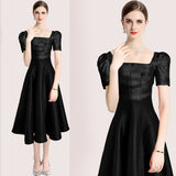 Hepburn style niche temperament retro big hem drooping square neck short sleeve black dress fluffy dress