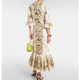 Retro colorful flower positioning printing, horn sleeve vacation style, high-end temperament ruffle edge dress