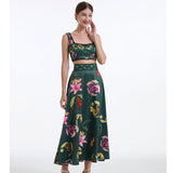 Real summer new product retro flower popping bead design metal short-sleeved zipper high-waisted pendulum top + skirt