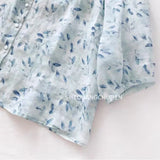 Shirt women  summer new loose large size retro stand-up collar literary fresh blue floral seven-quarter sleeve top