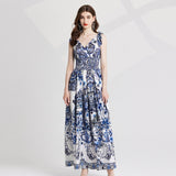 Real shot, sexy V-neck positioning printed rubber band high-waisted dress, bow strap skirt is thin and versatile.