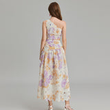 Real shot, advanced laser embroidery printing, one shoulder exposed waist closed waist holiday style dress, elegant fairy