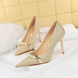 2025 9283-A1  fine heel high heel shallow mouth pointed head cloth surface plaid pattern thousand bird grid metal chain pearl single shoes