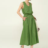 2025 25 spring and summer handmade rose U-neck casual lazy long dress minimalist loose and thin A version vest linen dress women