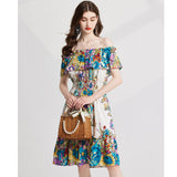 Real shot, sexy off-the-shoulder ruffle edge one-word shoulder, rubber band elastic waist, ruffle edge hem A-shaped skirt