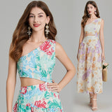 Real shot, advanced laser embroidery printing, one shoulder exposed waist closed waist holiday style dress, elegant fairy