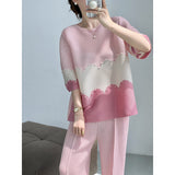 Miyake  summer new color matching bead round neck loose pleated top temperament pullover to cover the meat and look thin T-shirt