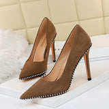 2025 1829-5  style sexy nightclub showing thin super high heel thin heel suede light mouth metal chain pointed women's single shoes