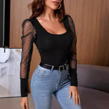 women's clothing popular summer new U-neck mesh yarn sleeve splicing solid color versatile and thin temperament T-shirt women's clothing top
