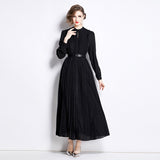 Premium temperament black dress women's belt lace long dress round neck pleated skirt dress dress long sleeve skirt spring