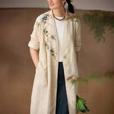 trench coat autumn women's long, grape embroidered linen coat women's, rustic and breathable long cardigan robe B0161