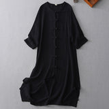 Retro handmade buckle round neck pair of placket long sunscreen loose cardigan side split early autumn cotton and linen trench coat dress