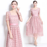 Temperament court style first love skirt square collar hollow lace waist thin dress women popular skirt women summer
