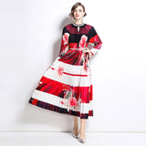 women's clothing elegant dress women's fashion beaded round neck hollow pleated lantern sleeve waist printed long dress