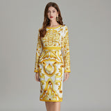 Real shot,  positioning printing temperament high waist hip dress, high waist long sleeve crew neck skirt elegant