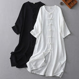 Retro handmade buckle round neck pair of placket long sunscreen loose cardigan side split early autumn cotton and linen trench coat dress