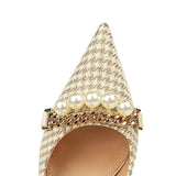 2025 9283-A1  fine heel high heel shallow mouth pointed head cloth surface plaid pattern thousand bird grid metal chain pearl single shoes