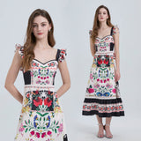 Real shot niche elegant lotus leaf edge suspender high waist pendulum positioning printing A-shaped dress fairy light luxury