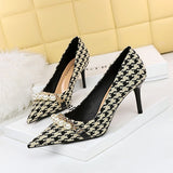 2025 9283-A1  fine heel high heel shallow mouth pointed head cloth surface plaid pattern thousand bird grid metal chain pearl single shoes