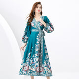 Spring and Autumn Retro Court Style Lantern Long Sleeve V-Neck Waist Skinny Lace-up A-Word Positioning Printed Dress Dress