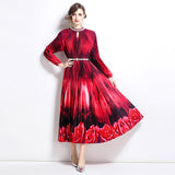 style high-end hollow bead round neck lantern sleeve strap waist temperament long printed pleated dress