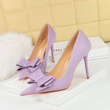 2025 3265-H2 Korean version fashion slim high heels stiletto satin light mouth pointed bow single shoes high heels women's shoes