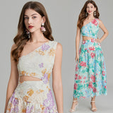 Real shot, advanced laser embroidery printing, one shoulder exposed waist closed waist holiday style dress, elegant fairy