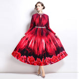 style high-end hollow bead round neck lantern sleeve strap waist temperament long printed pleated dress