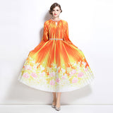 style high-end hollow bead round neck lantern sleeve strap waist temperament long printed pleated dress