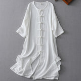 Retro handmade buckle round neck pair of placket long sunscreen loose cardigan side split early autumn cotton and linen trench coat dress