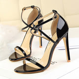 2025 126-7  fashion banquet women's shoes super high heel thin heel open toe patent leather cross belt sexy nightclub sandals
