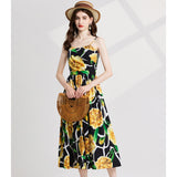 Real shot, summer print, pleated chest, high-waisted slim A-shaped dress, adjustable shoulder straps, chest cotton.
