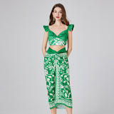 Real shot, summer beach wind contrasting color printed suspender top + strap beach skirt, two-piece fashionable set