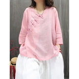 Spring and summer  literary printing diagonal placket button-up national style shirt commuting thin versatile seven-quarter sleeve pullover