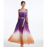 Real shot rainbow gradual change with belt short sleeves slim fit loose pleated suspender high waist big swing dress