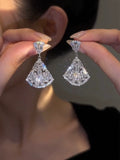 Temperament high sense zircon fan earrings versatile Popular super flash stud earrings niche design light luxury silver needle earrings women