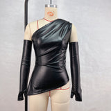 women's clothing popular autumn new street hipster sleeveless diagonal collar PU leather vest plus sleeve top women's suit