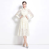 Spring and autumn new lapel heavy industry hook flower hollowed out  lace dress women's sexy swinging knee-length skirt