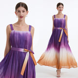 Real shot rainbow gradual change with belt short sleeves slim fit loose pleated suspender high waist big swing dress